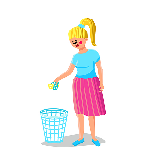 Expired Medicine Girl Throwing In Trashcan Vector. Young Woman Throw Expired Medicine Packages In Rubbish Basket. Character Pharmaceutical Drug Utilization Flat Cartoon Illustration