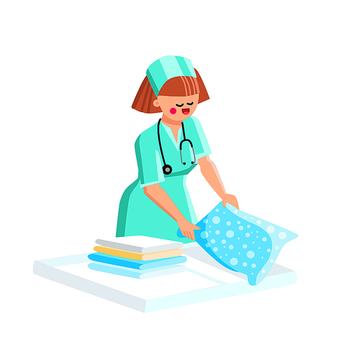 Hospital Nurse Woman Making Bed In Chamber Vector. Hospital Nurse Young Girl Prepare Pillow For Patient In Clinic. Character Lady Medical Worker Occupation Flat Cartoon Illustration