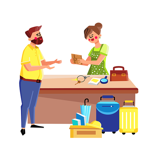 People In Lost And Found Service In Airport Vector. Man Searching Baggage In Lost And Found Service, Woman Office Worker Returning Wallet. Characters Finding Luggage Flat Cartoon Illustration