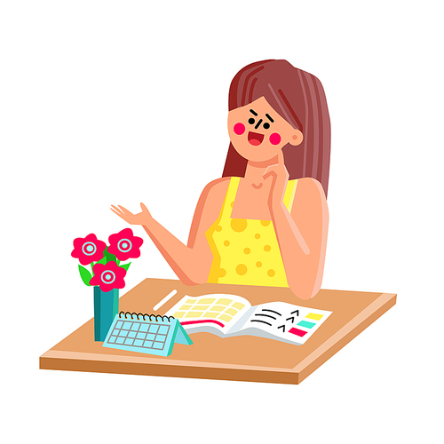 Woman Planning Day And Writing In Notebook Vector. Young Girl Planner Sitting At Table And Thinking And Planning Week Or Vacation. Character Lady Occupation Flat Cartoon Illustration