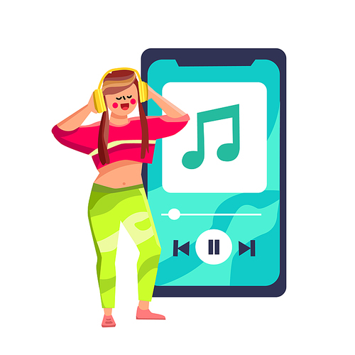 Music Playlist Listening Girl On Smartphone Vector. Young Woman Wearing Headphones Listen Music Playlist On Mobile Phone Display. Character Enjoyment Song In Earphones Device Flat Cartoon Illustration