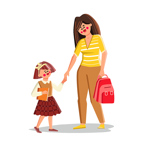 Woman Accompany Children Girl To School Vector. Mother Holding Backpack And Accompany Children To Educational Lesson. Characters Walking Togetherness Outdoor Flat Cartoon Illustration