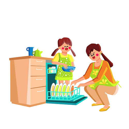 Dishwasher Kitchen Equipment For Wash Plate Vector. Daughter Helping Mother For Putting Dishes In Dishwasher Electronic Machine. Characters Housewife And Girl Kid Housework Flat Cartoon Illustration