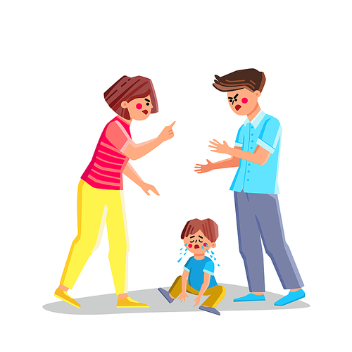 Divorce Parent And Family Conflict Problem Vector. Father With Mother Screaming And Son Crying, Divorce Parent And Destroy Relation. Characters Adult Arguing And Kid Despair Flat Cartoon Illustration