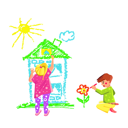 Boy And Girl Children Drawing With Crayon Vector. Schoolboy And Schoolgirl Draw Picture House, Sun And Flower On Wall With Multicolor Crayon. Characters Kids Painting Flat Cartoon Illustration