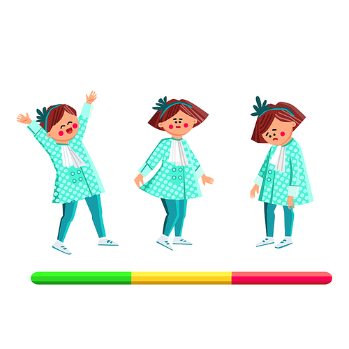 Girl Child Mood Laugh, Smile And Unhappy Vector. Happy Schoolgirl Celebrating, Posing In Cute Dress And Sad, Positive And Negative Mood. Character Change Emotion Flat Cartoon Illustration