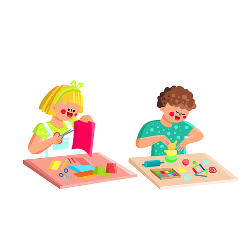 Boy And Girl Kids Crafting In Classroom Vector. Preteen Schoolboy And Schoolgirl Children Crafting Together With Paper And Plasticine. Characters Educational Creativity Time Flat Cartoon Illustration
