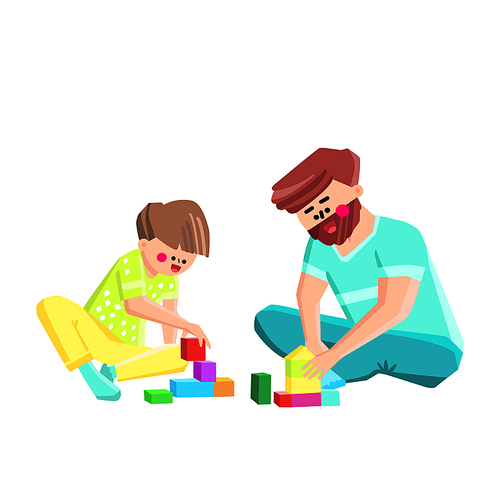 Boy Kid And Man Parent Playing Together Vector. Child Son And Father Playing Block Toy Game In Children Room. Characters Funny Gaming Playful Time Togetherness Flat Cartoon Illustration