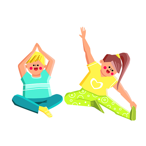 Boy And Girl Children Exercising Kid Yoga Vector. Preteen Schoolboy And Schoolgirl Training Kid Yoga Together. Characters Practicing Exercise, Active Time Flat Cartoon Illustration