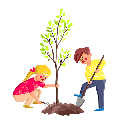 Boy And Girl Kids Planting Tree Together Vector. Schoolboy With Shovel And Schoolgirl With Rake Tool Planting Tree Togetherness In Park Or Garden. Characters Environment Flat Cartoon Illustration