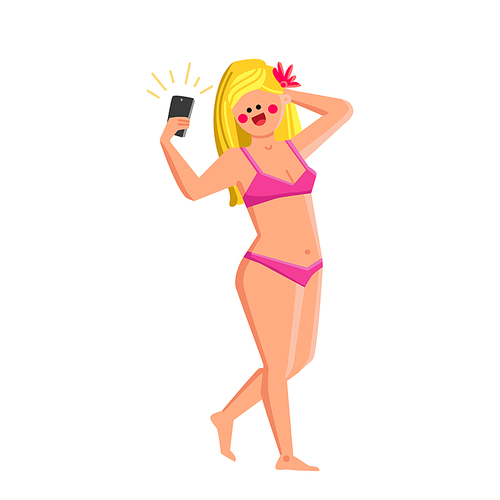 beach selfie young girl. summer sea beach selfie. vacation holiday. smile female. cute tourist. voyage lady travel. vector character flat cartoon Illustration