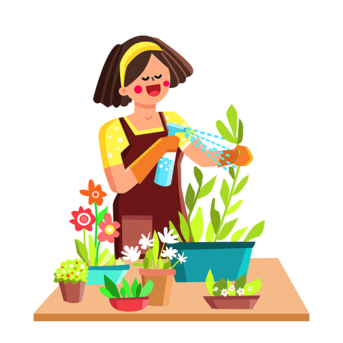 botany woman home planting. botany farmer woman working. florist hobby girl. eco indoor job. green floral farm. vector character flat cartoon Illustration