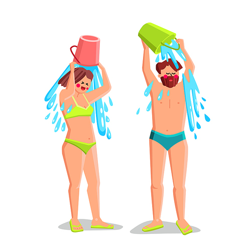 cold hardening water. man and woman cold hardening. ice bath. immune cold shower. healthy frost challenge. vector character flat cartoon Illustration
