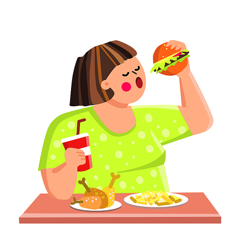 eating habits woman. bad habit. unhealthy nutrition. cholesterol sugar burger. diabetes girl. vector character flat cartoon Illustration
