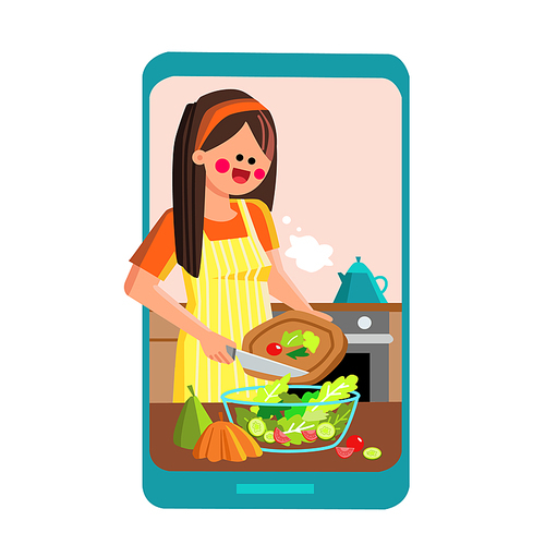 online recipe woman. kitchen online recipe app. cooking digital video. culinary class. gastronomy workshop vector character flat cartoon Illustration