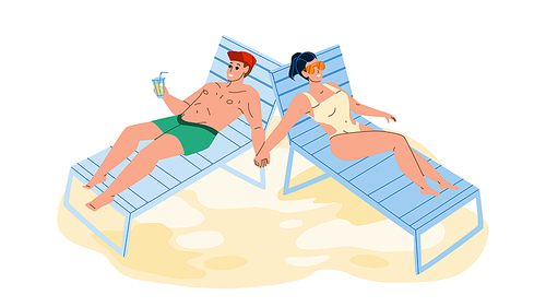 Couple Sunbathe Enjoy On Sea Beach Together Vector. Young Man Drinking Cocktail And Enjoying With Woman Couple Sunbathe. Characters Summer Vacation Relaxation On Seashore Flat Cartoon Illustration