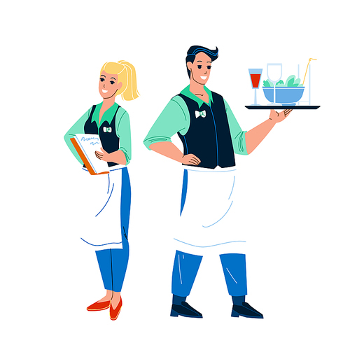 Waiter Restaurant Workers Man And Woman Vector. Young Boy Waiter Holding Tray With Drink And Salad Food, Girl With Menu Accept Order. Characters Catering Service Flat Cartoon Illustration