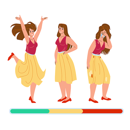 Woman Mood Laughing, Smiling And Crying Vector. Young Girl Different Mood Expression Sadness And Happiness, Positive And Negative. Character Emotions Frustration And Happy Flat Cartoon Illustration