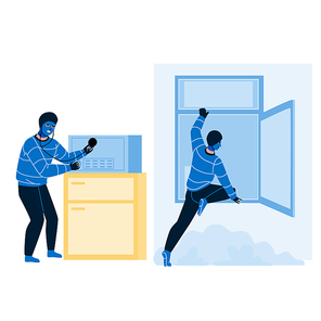 Burglars Robbing House Wearing Balaclava Vector. Burglars Climbing In Window And Hacking Financial Safe Equipment. Characters Thief Man Criminal Occupation Flat Cartoon Illustration