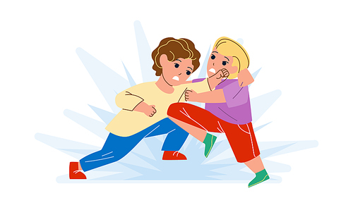Angry Schoolboys Fight In School Corridor Vector. Aggressive Schoolboys Fighting, Children Bullying Problem. Characters Boys Pupils Conflict And Disagreement Flat Cartoon Illustration