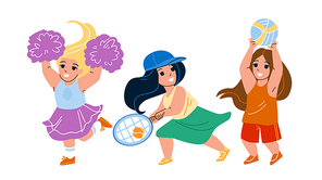 Girls Kids Playing Sport Game And Dancing Vector. Little Schoolgirls Play Tennis And Volleyball Game, Cheerleader Supporting Team And Dance. Characters Sportive Activity Flat Cartoon Illustration