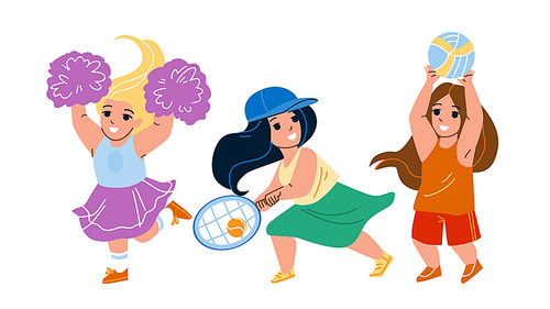 Girls Kids Playing Sport Game And Dancing Vector. Little Schoolgirls Play Tennis And Volleyball Game, Cheerleader Supporting Team And Dance. Characters Sportive Activity Flat Cartoon Illustration