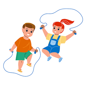 Children Jumping Rope Skipping Together Vector. Little Boy And Girl Kids Jump Rope Skipping On Kindergarten Playground. Characters Training Sport Fitness Activity Flat Cartoon Illustration