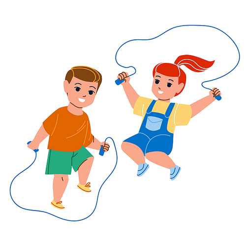 Children Jumping Rope Skipping Together Vector. Little Boy And Girl Kids Jump Rope Skipping On Kindergarten Playground. Characters Training Sport Fitness Activity Flat Cartoon Illustration