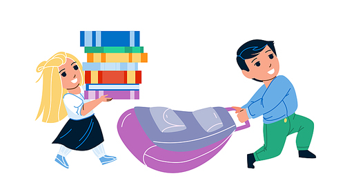 School Kids Go At Lesson With Bag And Books Vector. Boy And Girl Children Going To School With Backpack And Educational Literature. Characters Schoolboy And Schoolgirl Flat Cartoon Illustration