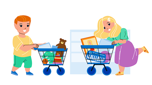 Toy Shop Children Clients Making Purchase Vector. Boy And Girl Kids Buying Doll And Game In Toy Shop. Characters Customers With Market Cart Shopping In Store Flat Cartoon Illustration
