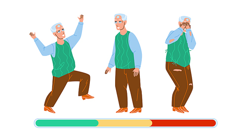 Grandfather Mood Laugh, Smile And Unhappy Vector. Happy Elderly Man Celebrative Dancing, Thoughtful And Crying, Positive And Negative Mood. Emotional Character Flat Cartoon Illustration