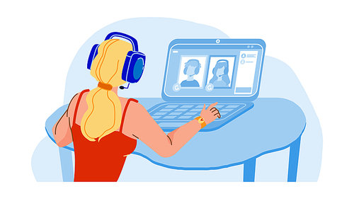 Video Group Call Woman Online Conversation Vector. Young Girl Talking With Family Or Friends On Computer Group Call. Character Communication And Discussion Flat Cartoon Illustration