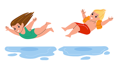 Boy And Girl Children Jumping Into Water Vector. Preteen Schoolboy And Schoolgirl Kids Jump Into Swimming Pool Water. Characters Funny Playful Time On Vacation Flat Cartoon Illustration