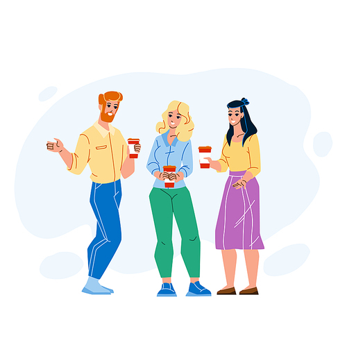 Office Coffee Break And People Conversation Vector. Man And Woman Coffee Break Time And Communication. Characters Drinking Energy Hot Drink And Speaking Together Flat Cartoon Illustration