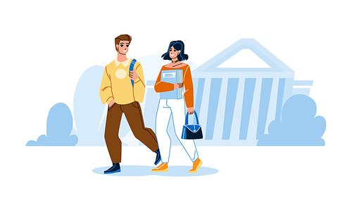 Students Walking In College Campus Together Vector. Boy And Girl With Rucksack And Book Walk In College Campus And Go At Lecture Or Seminar. Characters University Education Flat Cartoon Illustration