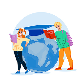 World Global Education Of Young Students Vector. Boy And Girl Teenagers Global Education, Remote Studying And Learning University Lecture. Characters International Study Flat Cartoon Illustration