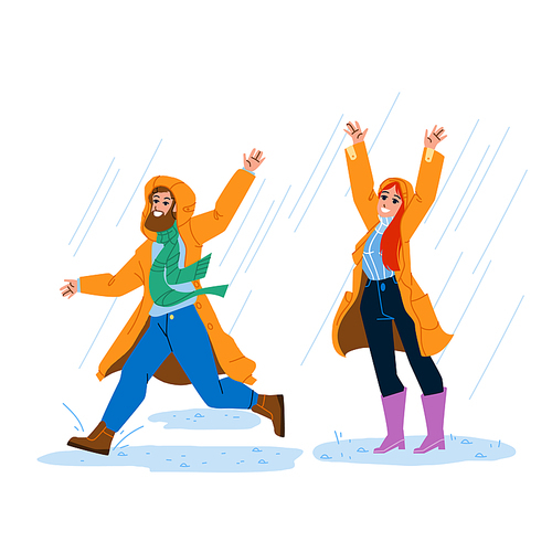 Raincoat Wearing Man And Woman In Rainy Day Vector. Happy Boy And Girl In Raincoat Clothes Running And Enjoying Rain Weather Outdoor. Characters Enjoying Outside Flat Cartoon Illustration