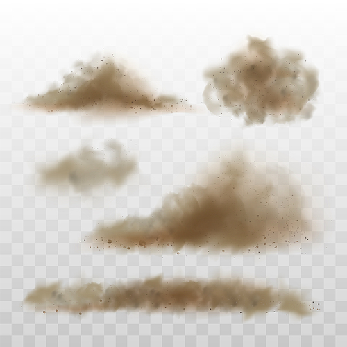 Dust Sand Cloud On Dirty Road From Car Set Vector. Collection Of Different Cloudy Dust Trail On Track From Vehicle Or Motorbike. Ground Fog Effect, Sandy Powder Layout Realistic 3d Illustrations