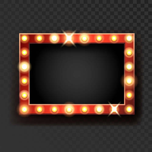 Broadway Sign With Lighting Lamps On Frame Vector. Blank Broadway Advertising Banner With Glowing Lightbulbs, Sparkling Billboard. Vintage Decoration And Signboard Template Realistic 3d Illustration