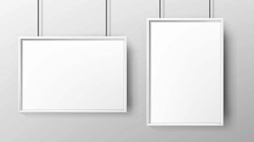 Posters Blank Promo Paper With Frame Set Vector. Hanging Vertical And Horizontal Marketing Posters List. Promotional Banners Or Image Empty Canvas Mockup Realistic 3d Illustrations