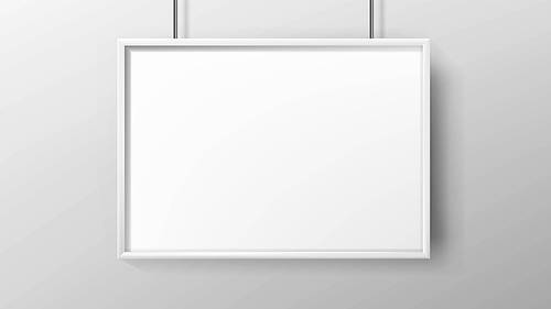 Poster Blank Advertisement Paper With Frame Vector. Hanging On Wall Poster List, Office Or House Room Picture. Promotional Banner Or Image Empty Canvas Mockup Realistic 3d Illustration