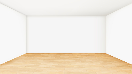 Empty Room Interior For Gallery Exhibition Vector. Showroom Interior With Wooden Parquet Flooring, White Paint Blank Walls And Ceiling. Creative Design Template Realistic 3d Illustration