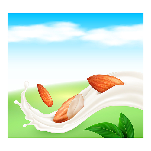 Almond nut milk drink poster. Alternative organic calcium breakfast. Motion object. almond cream wave. 3d realistic illustration