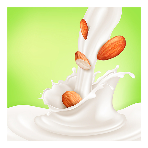 Almond milk dairy drink poster. Vegan nut. Advertising mockup. organic almond nutrition. 3d realistic illustration
