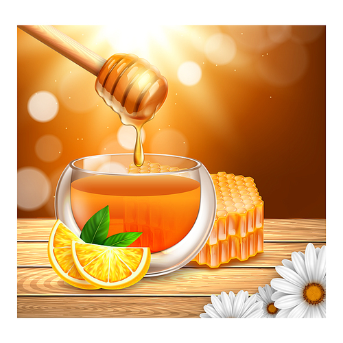 Honey bee food product poster. Wildflower healthy dessert advertising. Hexagon sweet. Sugar nectar. 3d realistic vector