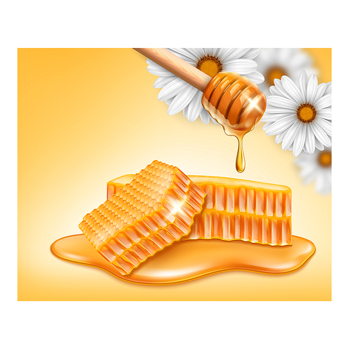 Honey bee food product template. Nature label. Natural Delicious. Wooden dipper. 3d realistic vector