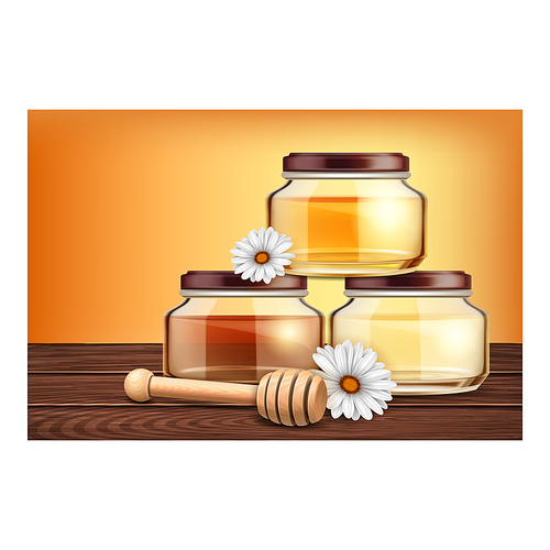 Honey bee food product background. Honeycomb poster. Yellow essence. White flower. 3d realistic vector
