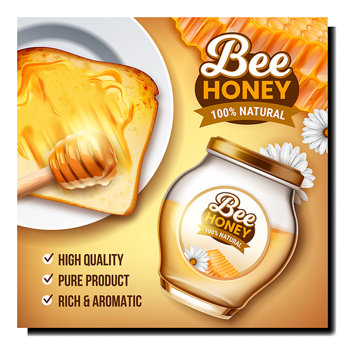 Honey bee food product label. Organic banner template. Apiary nutrition. Sticky liquid. 3d realistic vector