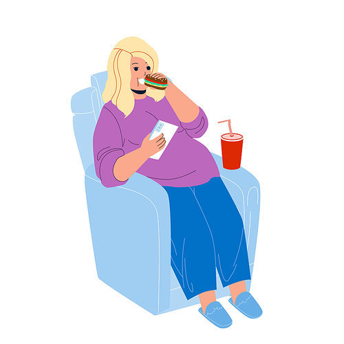 Overweight Girl Eat Fast Food In Armchair Vector. Young Overweight Girl Sitting In Chair Eating Sandwich, Drinking Soda Drink And Holding Smartphone. Character Fat Problem Flat Cartoon Illustration