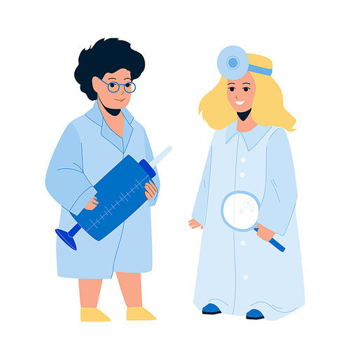 Children Doctors Boy And Girl Play Together Vector. Children Doctors In Medical Uniform Holding Syringe And Magnifier Glass Wearing Reflector. Characters Playing Profession Flat Cartoon Illustration
